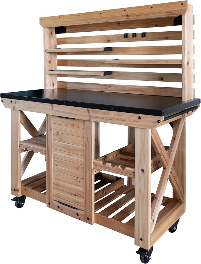 Backyard Discovery 48" Cedar Wood Buffet Hutch Serving Station with Galvanized Steel Countertop, Wine Rack, Wine Glass Rack, Trash Bin, Modular Shelves, Towel Bar, Drink and Food Prep, Indoor/Outdoor