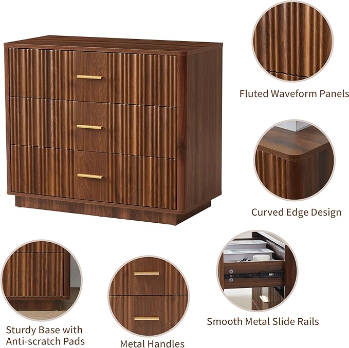 Fluted Dresser for Bedroom with 3 Drawers, 31.5" Wide Modern Chest of Drawers with Metal Handle, Large Storage Dresser, Wood Closet Clothes Storage Organizer for Nursery Living Room, Hallway, Walnut