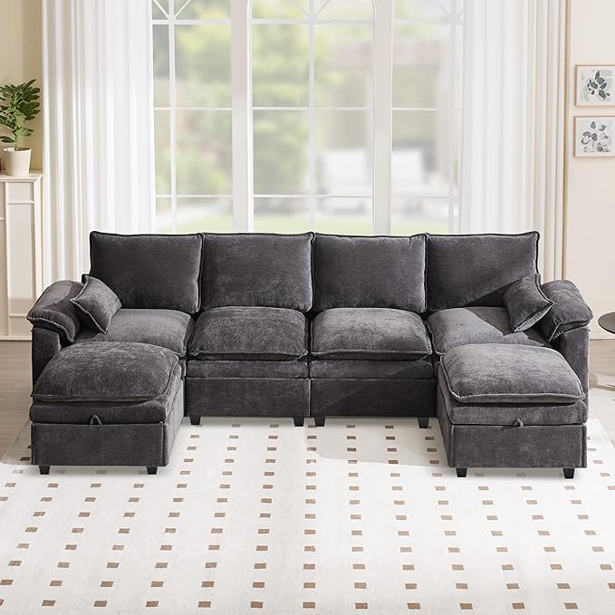 130" U Shaped Modular Sectional Sofa, Couch with Ottoman Storage, Chenille Cloud Couch with Plush Deep Seating for Living Room, Bedroom (7 Seat, Grey)