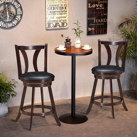 COSTWAY Bar Stools Set of 2, 360-Degree Swivel Stools with Leather Padded Seat, Single Slat Back & Solid Rubber Wood Legs, Counter Height Stools for Pub, Restaurant, Kitchen, Brown (4)