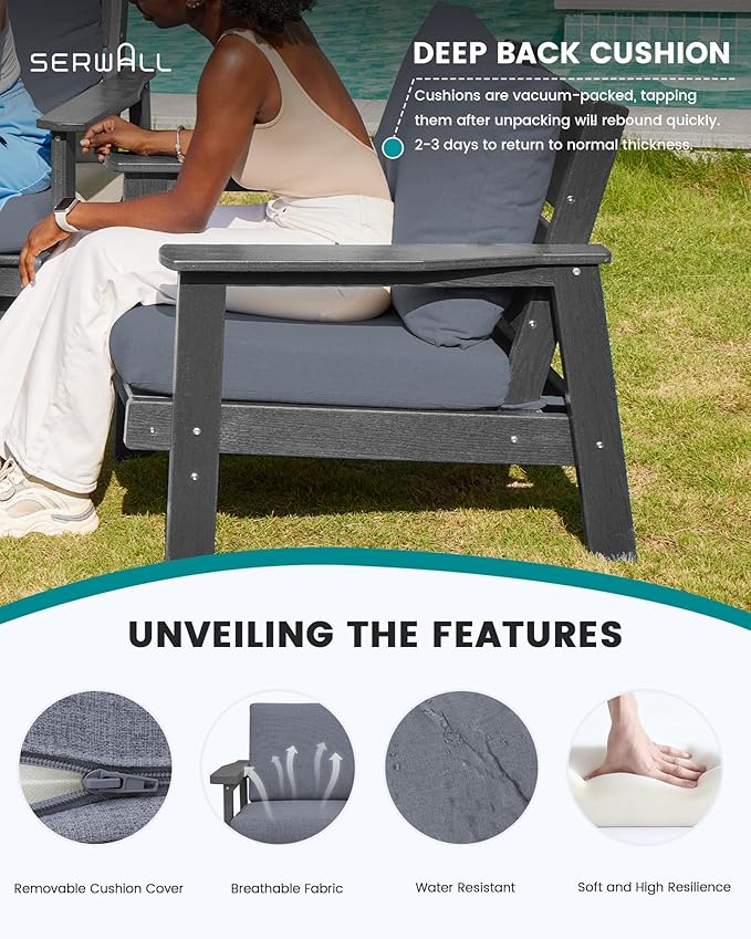 SERWALL 4 Piece HDPE Outdoor Furniture Set, All Weather Wood-Like Outdoor Sofa Sectional Couch, Grey Patio Furniture Set with Grey Cushions