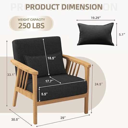 Mid-Century Modern Accent Chair, Linen Armchair and Lounge Chair with Lumbar Pillow, Wide Seat & Solid Wood Frame for Living Room, Bedroom or Balcony (Dark Gray)
