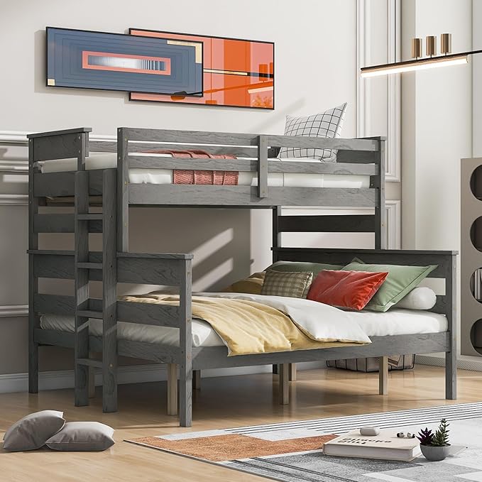 Solid Wood Twin XL Over Queen Bunk Bed with Ladder and Slat Support,Bedroom Detachable Bed Frame w/Easy Assembly & No Box Spring Required,for Kid Adult Boy Girl Teen,Gray