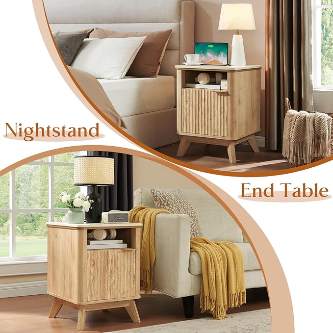 QUW Fluted Nightstands with Charging Station, 18" Modern Side Table, Wooden Bedside Table with Faux Marble Top, Open Storage, Cabinet, End Table for Bedroom, Living Room, Natural Oak