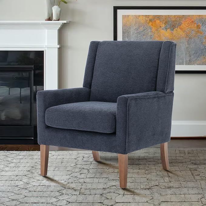 COLAMY Modern Wingback Living Room Chair, Upholstered Fabric Accent Armchair, Single Sofa Chair with Lounge Seat and Wood Legs for Bedroom/Office/Reading Spaces, Blue