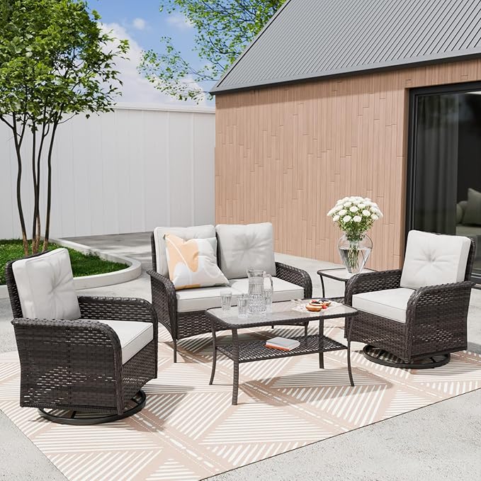 COOS BAY Vintage Courtyard Patio Furniture Set, Wicker Outdoor Furniture, Patio Conversation Sets, 2 Swivel Rockers, Loveseat, Coffee Table and Side Table, 5 Pieces, Gray/Beige
