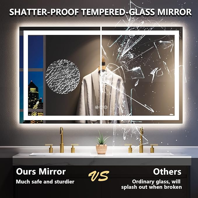 60x36 Inch LED Bathroom Mirror with Lights Front and Backlit Lighted Vanity Mirror for Bathroom Wall with 3 Colors Dimmable Anti-Fog Memory Shatter-Proof IP54 Waterproof Horizontal/Vertical