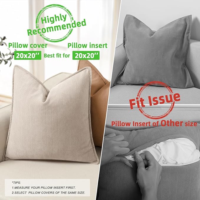 ZWJD Beige Pillow Covers 20x20 Set of 2 Chenille Throw Pillow Covers with Elegant Design Soft and Luxurious Decorative Throw Pillows for Couch, Bed, and Home Decor
