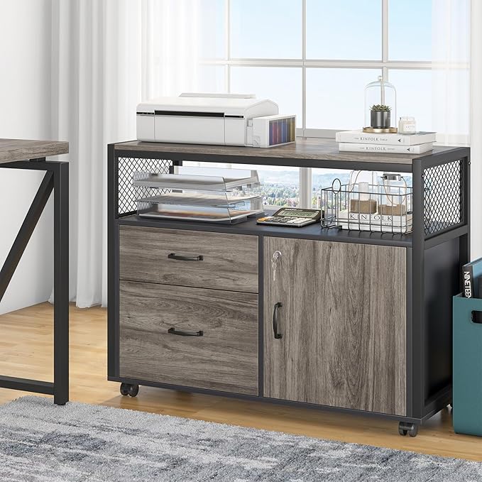 Tribesigns L Shaped Desk with Drawer Cabinet, 55" Executive Computer Desk and lateral File Cabinet, 2 Piece Home Office Furniture with Drawers for Hanging File, Doors with Locks (Gray, 55 inches)