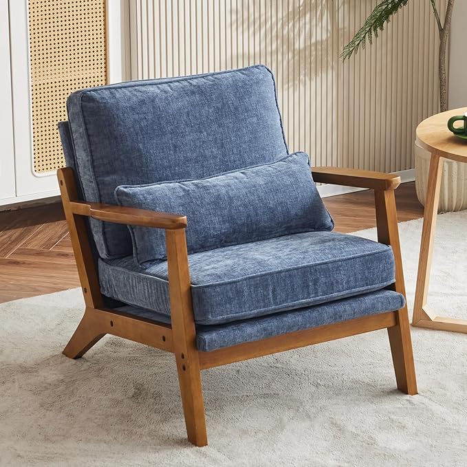 VINGLI Solid Wood Wide Armrests Accent Chair,Upholstered Mid Century Modern Chair with Pillow,Comfy Reading Chair Farmhouse Arm Chair,Chairs Living Room,Bedroom,Guest Room,Chenille Fabric,Dark Blue