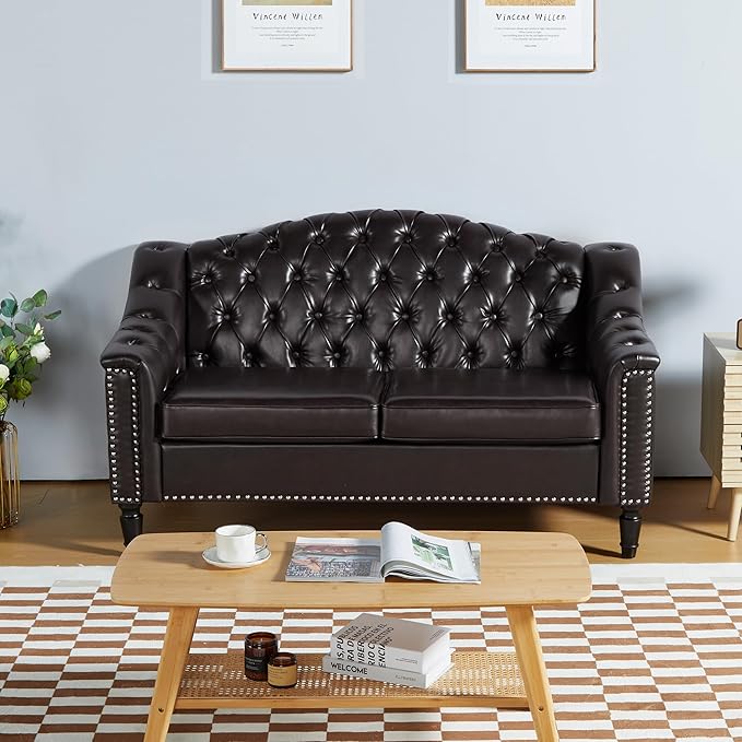 LEVNARY Chesterfield Loveseat Leather, Upholstered Sofa with Button-Tufted Back, Mid-Century Modern Sofa with Solid Wood Legs, 2 Seater Couches for Living Room (Brown)