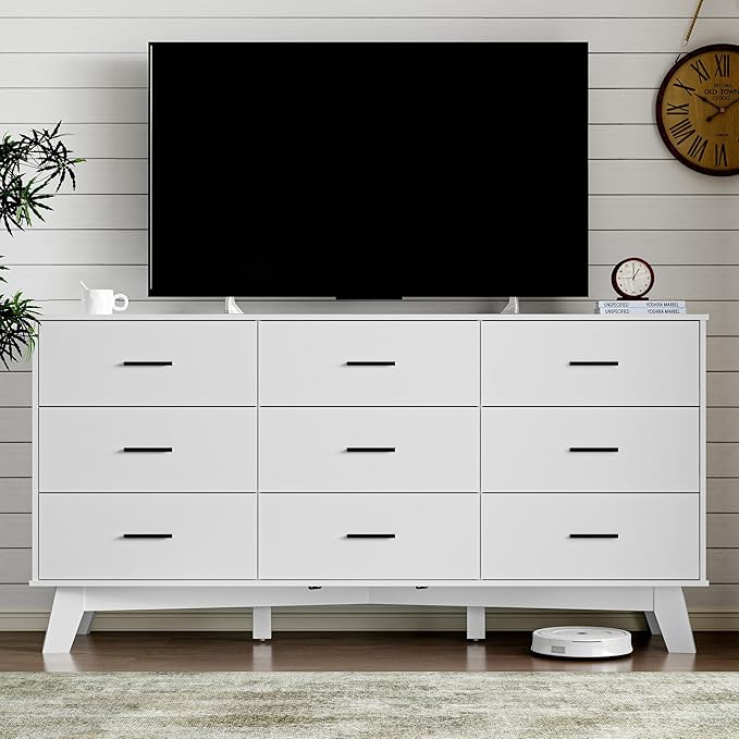 Dresser for Bedroom with 9-Drawer, 59" Wide Modern Chest of Drawers with Metal Handles, X-Shape Base & Adjustable Center Leg, Anti-Tip Closet Organizers and Storage