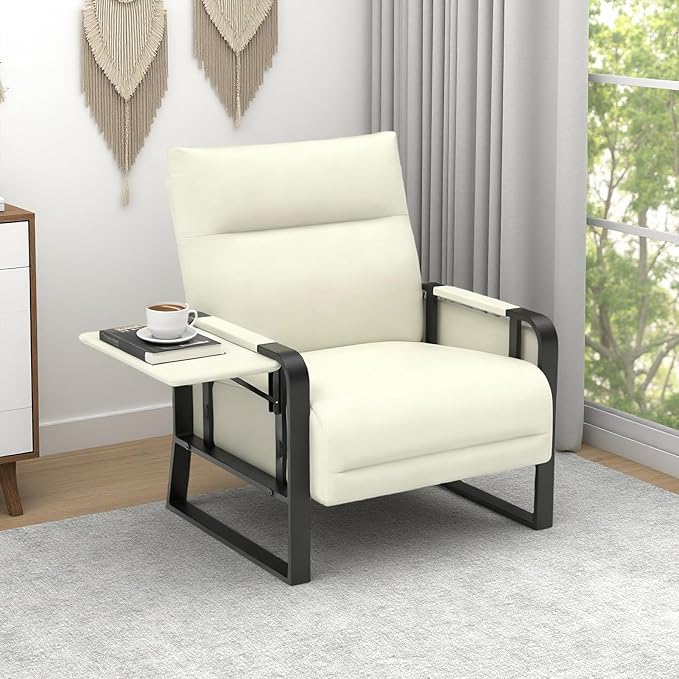 Upholstered Accent Chair, Modern Faux Leather Sofa Chair with Foldable Side Tray Table & Storage Pocket, Small Accent Sofa for Living Room, Bedroom, Reception Room, Beige