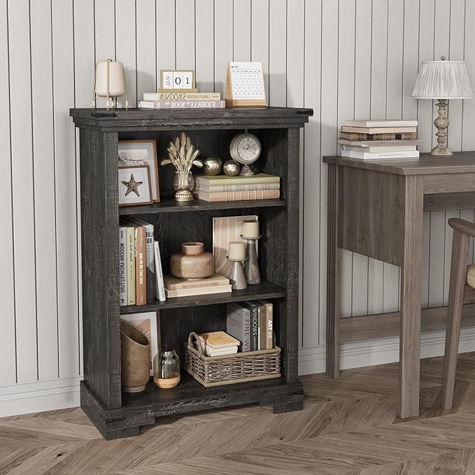 3-Tier Farmhouse Bookshelf, Book Shelf with Open Storage & One Adjustable Shelf, 9.8" D x 26" W x 38" H, Wooden Bookshelf for Study Room, Living Room, Kitchen, Bedroom (Black)