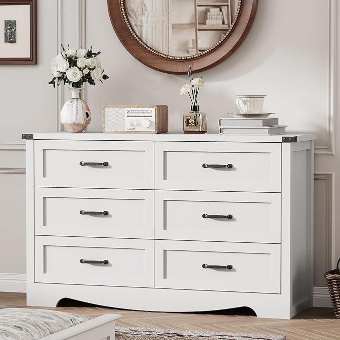 Dresser for Bedroom with 6 Drawers, 48" Wide Modern Chest of Drawers with Deep Drawers & Mental Handle, Wood Dresser TV Stand, Wooden Closet Storage Organizer for Living Room, Hallway, Entryway, White