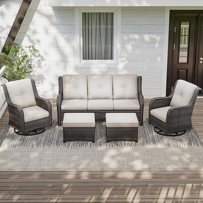 5 Pieces Outdoor Patio Furniture Set - Conversation Set Includes Wicker Swivel Rocker Chairs Set of 2, 2 Ottoman, 3 Seat Sofa, Suitable for Porch, Yard, Mixed Brown Rattan, Beige