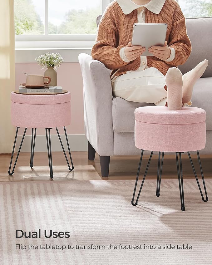 SONGMICS Vanity Stool Chair, Small Ottoman Stool with Storage, Vanity Chair, 15.4 Dia. x 17.4 Inches, 4 Metal Legs, for Makeup Room, for Living Room, Bedroom, Jelly Pink ULOM002R01