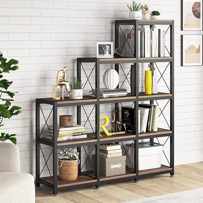 Tribesigns 12 Shelves Bookshelf, Industrial Ladder Corner Bookshelf 9 Cubes Stepped Etagere Bookcase, Rustic 5-Tier Display Shelf Storage Organizer for Home Office (Rustic Brown)