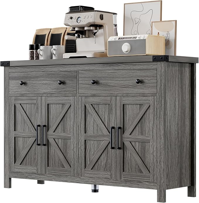 55" Sideboard Buffet Cabinet with Storage, Coffee Bar Cabinet with 2 Drawers and 4 Barn Doors, Long Storage Cabinet Modern Farmhouse, Grey Wood, for Kitchen, Dining Room, Living Room