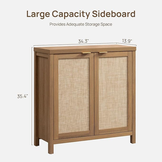 SICOTAS Sideboard Buffet Coffee Bar Cabinet - 3 Pieces Farmhouse Boho Rattan Credenza Storage Cabinet with Large Storage for Kitchen, Living Room, Entryway, Oak