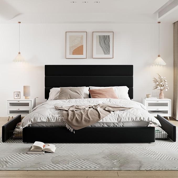 Allewie Modern King Size Platform Bed Frame with 4 Storage Drawers and Velvet Upholstered Headboard, Wooden Slats Support, Upholstered Mattress Foundation/No Box Spring Needed/Easy Assembly, Black