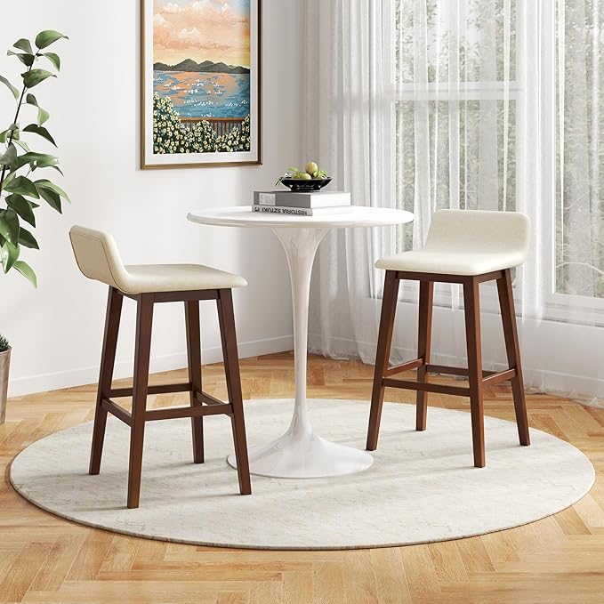 COSTWAY Wooden Bar Stools Set of 4, 29-inch Height Upholstered Padded Seat, Low Backrest, Footrest, Rubber Wood Legs, Armless Bar Chairs for Kitchen Counter Island, Dining Room, Brown+Beige