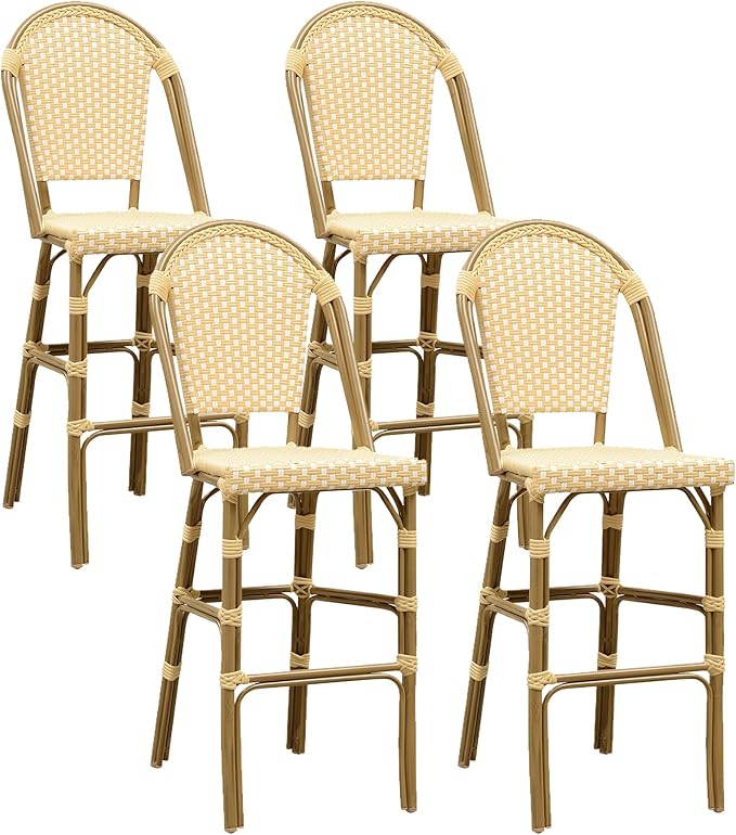 PURPLE LEAF French Bar Stool Set of 4 Bamboo Print Finish Patio Bar Stools with Back Rattan Bar Chairs Wicker Bar Height Stool 30" with Footrest Kitchen Island Stools Outdoor Barstool Cream Yellow