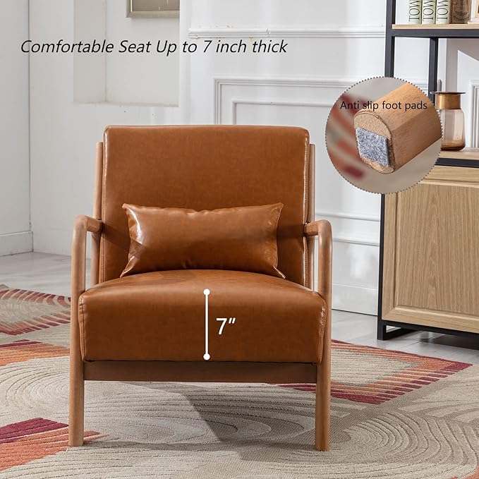 INZOY Mid-Century Modern Accent Chair Set of 2, PU Leather Reading Armchair with Waist Cushion, Upholstered Living Room Chairs for Bedroom Sunroom, Camel Set