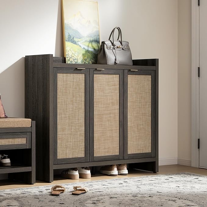 SICOTAS Shoe Storage Cabinet Set of 2, Large Tall Shoe Cabinet, Rattan Shoe Cabinet Storage for Entryway, Farmhouse Cabinet with Doors and Adjustable Shelves for Entryway Hallway, Black Oak