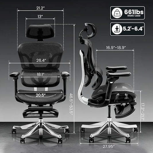 FLEXISPOT ErgoX Max Ergonomic Office Chair with footrest Black - Aluminum Alloy Frame & Base, 661 lb Capacity, 5D Armrests, 4D Adaptive Lumbar & 4D Headrest