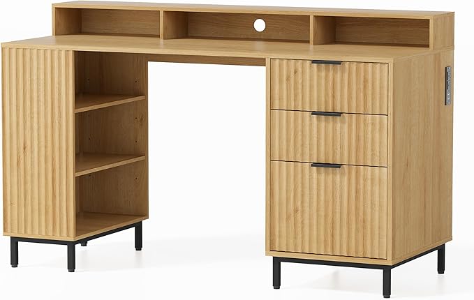 55'' Fluted Executive Desk with Drawers, Modern Home Office Computer Desk with Charging Station, File Drawer, Monitor Stand, Storage Shelf for Work Writing Study, Natural Oak