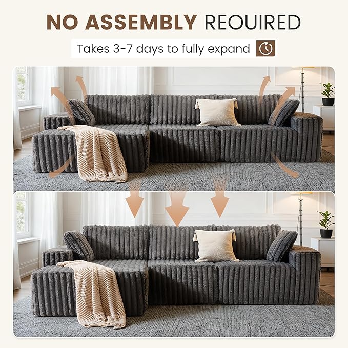 Apicizon 113" Modular Sectional Couch for Living Room, L Shaped Sectional Sofa Couch with Deep Seat, 3 Seat Boneless Sofa with Chaise Longue for Apartment,No Assembly Required (Plush Corduroy Gray)