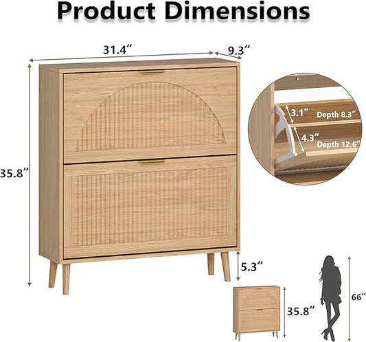 Shoe Cabinet for Entryway with 2 Flip Drawers, Slim Wooden Shoe Storage Organizer with Modern Fluted Pannel,Freestanding Narrow Hidden Shoe Rack for Hallway, Foyer, Living Room