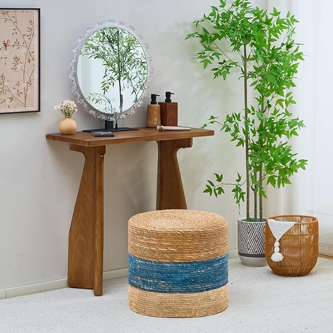 Wimarsbon 18'' Ottoman Pouf, Natural Braided Poof, Rustic Handweave Lounge Pouffe, Boho Footrest Stool for Bedroom, Accent Table for Living Room (18inch Natural Cattail + Blue Corn Husk)