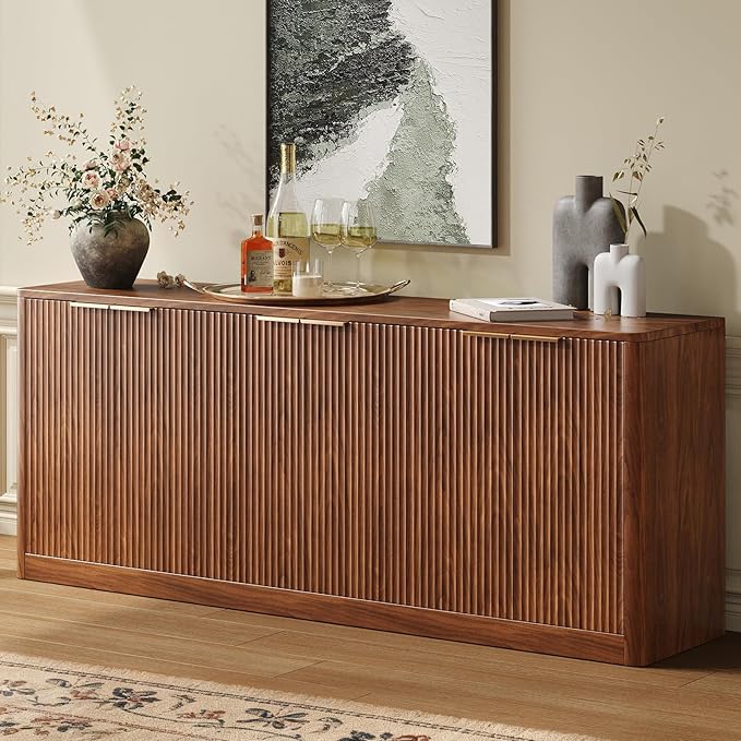 Evermagin 67" Fluted Walnut Buffet Cabinet Sideboard with Storage, Large Credenza with 6 Doors, Wood Mid Century Modern Sideboard for Kitchen and Living Room (67" W*31.5" H*15.7" D)