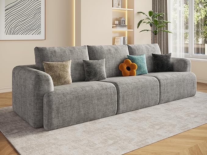 EASE MOOSE Boneless Couch for Living Room, Sectional Cloud Sofa, Modular Cloud Couch, 3-Seater Deep Seat Sofas with Pillow for Bedroom, Apartment, No Assembly Required, Chenille (Light Grey)