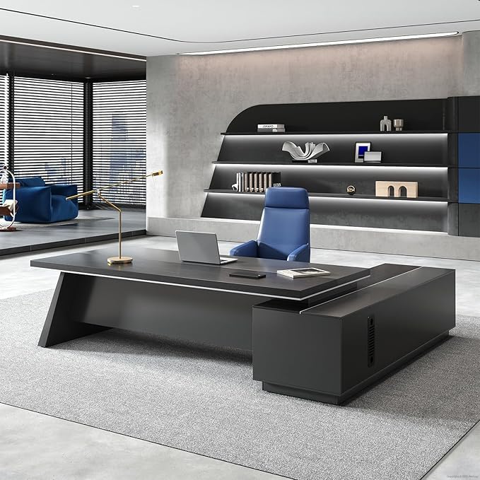 L-Shaped Black Executive Desk with Drawers, Large Modern Executive Office Desk with Storage Cabinets, Cable Box, Wide Desktop โ Home Office Desk (Left, 79" L * 63" W * 30" H)