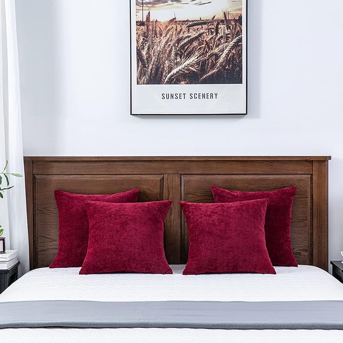 GAWAMAY Decorative Square Throw Pillow Covers 18"x18" Inch Set of 4, Super Soft Chenille Pillows Cover Fall Pillowcase for Living Room Bedroom Sofa Couch Cushion Cover Burgundy Red 45x45cm