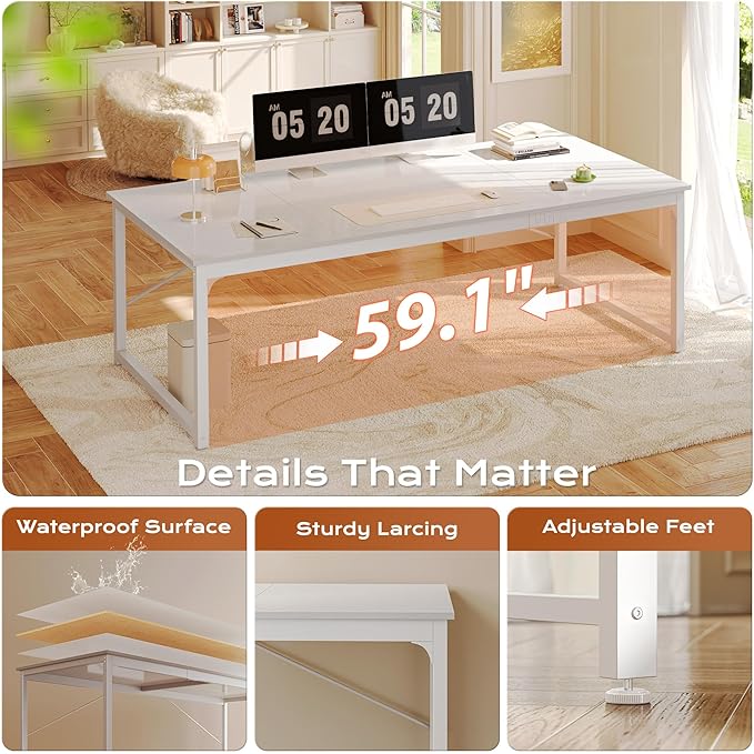 PRAISUN 63 x 29.5 Inch Computer Desk with Deeper Desktop, Gaming Office Writing Work Desk for Home Office, Study, Bedroom, Work from Home, Metal Frame, White