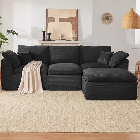 112" Cloud Sectional Couch, Boneless Couches for Living Room, L Shaped Couch with Convertible Ottoman, Modular Sectional Sofa with Deep Seat, Comfy Soft Cushions, No Assembly, Black