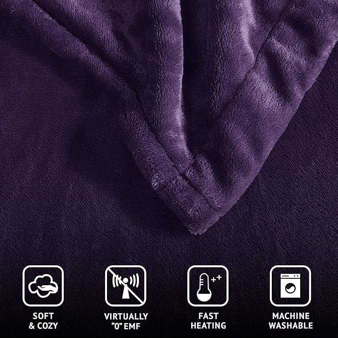 Beautyrest Heated Electric Blanket for Cold Weather, Fast Heating Heated Blanket, Auto Shut Off, Virtually Zero EMF, Multi Heat Setting, UL Certified, Purple Queen (90 inx84 in)