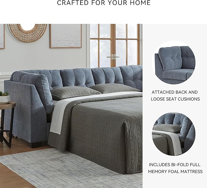Signature Design by Ashley Marleton Contemporary Right-Arm Facing Tufted 2-Piece Sleeper Sectional with Chaise, Loose Seat Cushions and Bi-Fold Memory Foam Mattress, Full, Blue