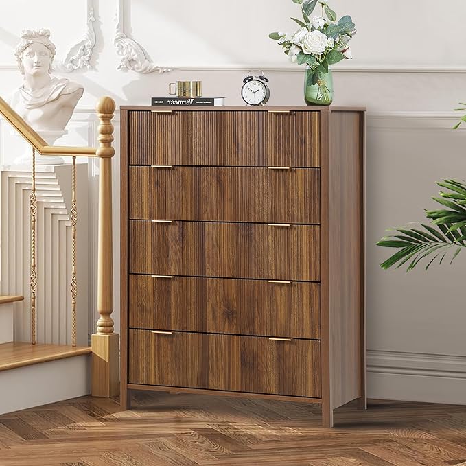 5 Drawer Double Dresser for Bedroom, Modern Wide Chest of Drawers with Fluted Panel Design,Wood Storage Dressers Chest of Drawers for Bedroom Living Room Hallway Closet,Walnut,2 Sets