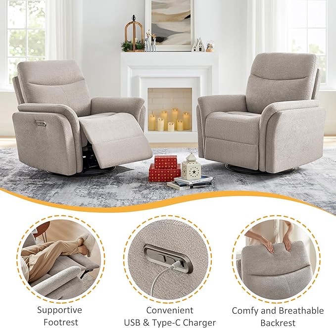 VANOMi Power Recliner Chair Swivel Glider, Electric Rocking Recliner Chairs with USB and Type-C Ports, Nursery Chair Recliner for Living Room, Bedroom, Apartment(Camel)