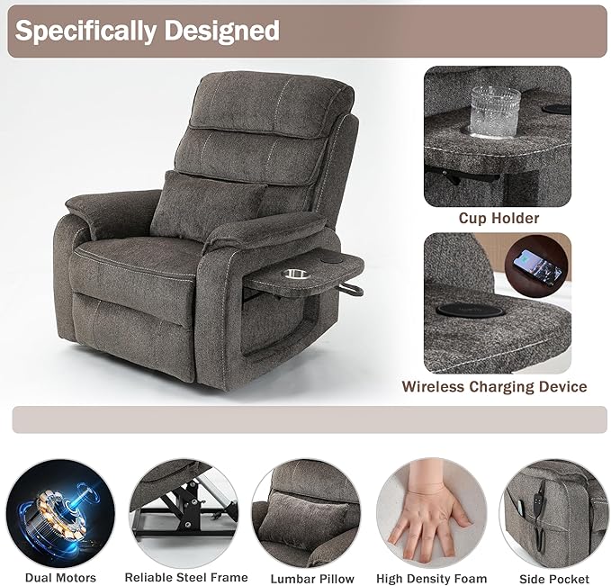 Power Lift Recliner Chair for Adults Elderly Chenille Lay Flat Recliners with Massage Heat, Extended Footrest, Wireless Charging Device, USB Ports, Cup Holder, Lumbar Pillow Up to 400LBS