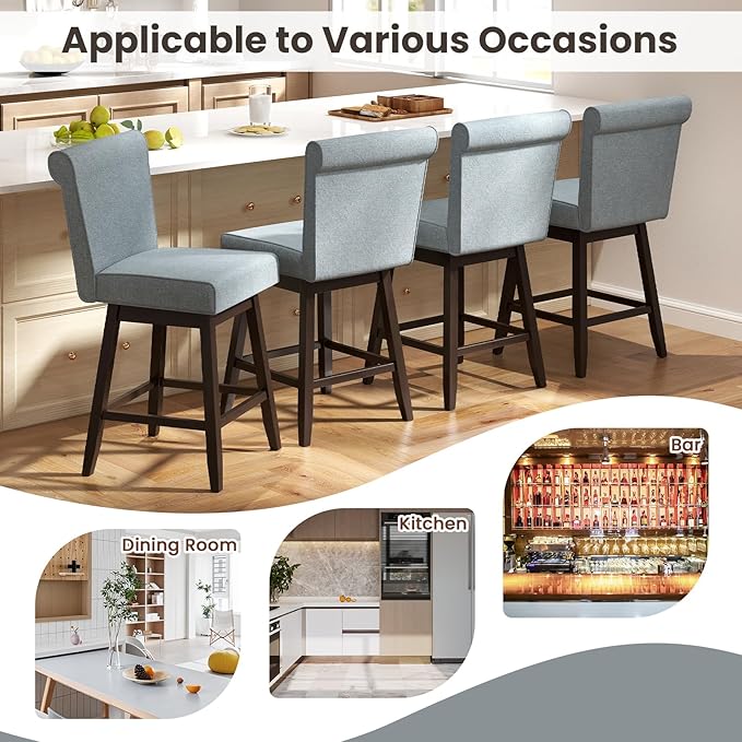 COSTWAY Swivel Bar Stools Set of 2, 27" Counter Height Bar Chairs with Rubber Wood Legs, Upholstered Linen Barstools with Back & Cushioned Seat, for Kitchen Island, Home, Grey