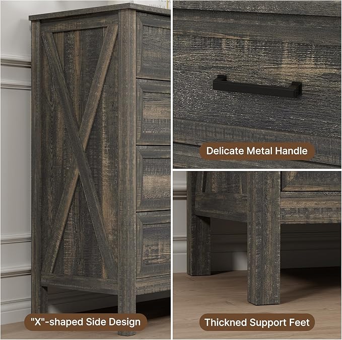 LYNSOM Farmhouse 9 Drawer Dresser for Bedroom, 55 Inch Wide Wood Rustic Chest of Drawers with X-Marking & Bar Handle, Large Storage Dressers Organizer for Bedroom, Living Room, Dark Rustic Oak
