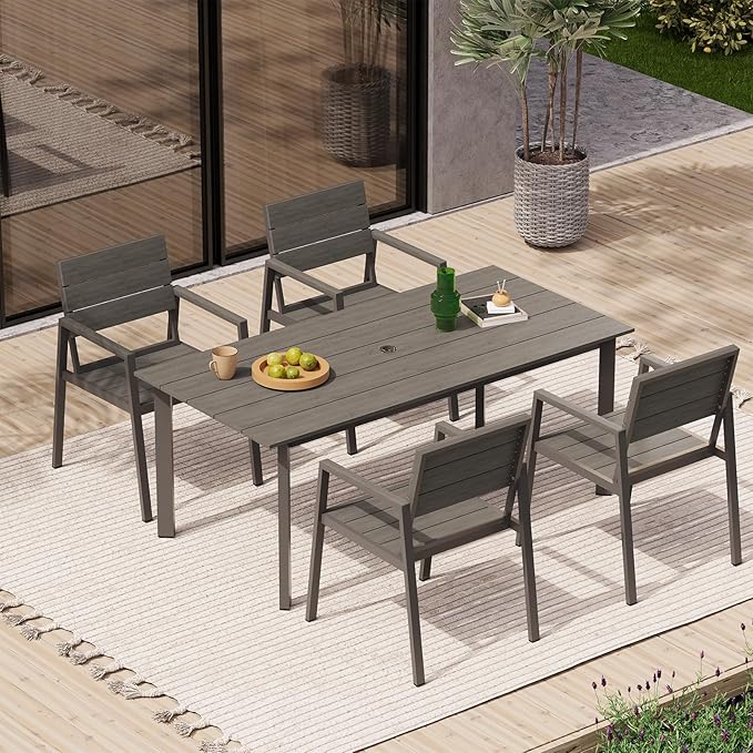 67" Rectangle HDPS Patio Dining Table, Aluminum Outdoor Patio Dining Table with Umbrella Hole, Weather-Resistant for Lawn, Garden, Yard, Poolside and Indoor Use, Charcoal