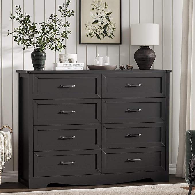 Dresser for Bedroom with 8 Drawers, 48" Wide Wood Chest of Drawers with Deep Drawers & Mental Handle, Modern Dresser TV Stand, Wooden Closet Storage Organizer for Living Room, Hallway, Entryway, Black