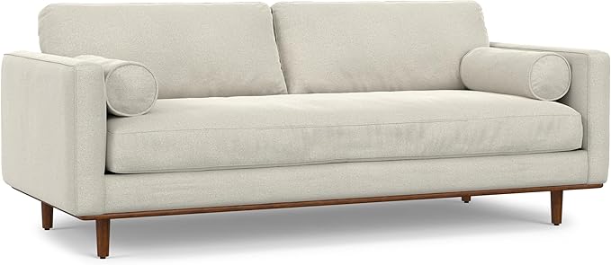SIMPLIHOME Morrison 89-inch Wide Sofa in Cream White Woven-Blend Fabric, Handcrafted Mid-Century Modern Couch for Living Room or Family Room, Single Bench Cushion, Bolster Pillows